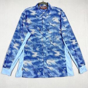 Simms Intruder Bicomp Fishing Shirt Mens‎ Large Hex Camo Snap Button Vented Blue